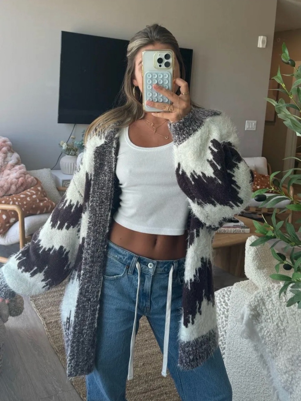 Free People maroon/brown & White Oversized Mohair-Blend Cardigan